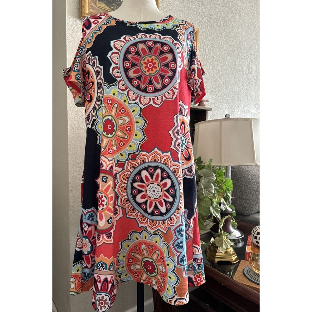 Multicolor Medallion Open Shoulder Cotton Midi Dress Big Pocket Casual Dress 2XL